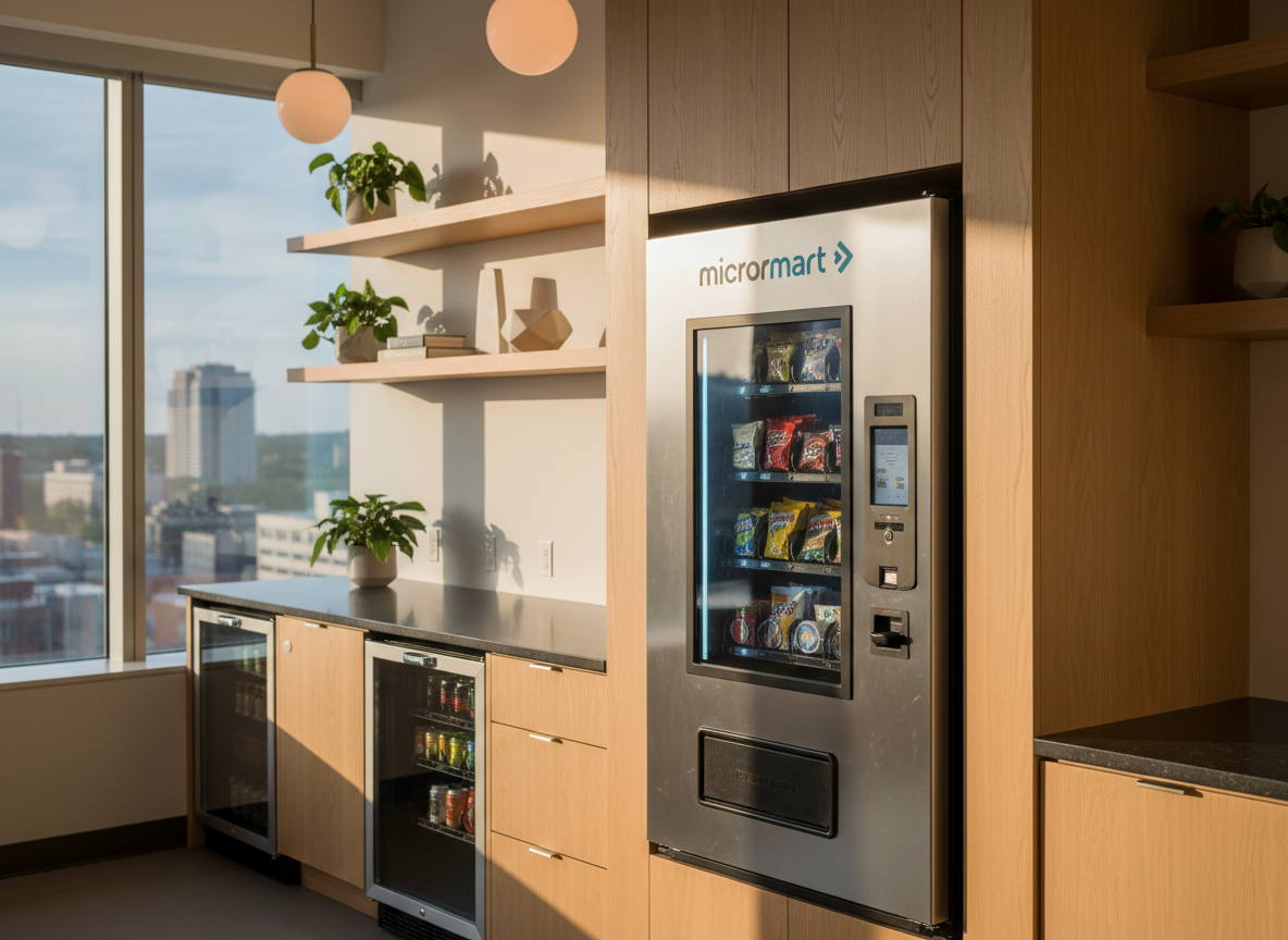 A single Micromart AI vending machine integrated into a stylish break area of a Kansas City tech startup office. The machine’s brushed metal frame and softly glowing interface are set against a backdrop of light wood cabinetry and dark quartz counters, with stainless mini-fridges and simple geometric decor nearby. Large windows reveal an abstract hint of Kansas City high-rises in the distance. Afternoon natural light washes in, supplemented by warm pendant lighting above, creating gentle highlights on the machine’s edges and a calm, productive atmosphere. Shot from a three-quarter angle with moderate depth of field, the photographic image feels clean, professional, and welcoming, illustrating convenient, smart vending as part of a modern workplace.