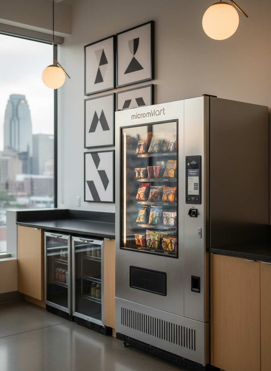 A single Micromart AI vending machine integrated into a stylish break area of a Kansas City tech startup office. The machine’s brushed metal frame and softly glowing interface are set against a backdrop of light wood cabinetry and dark quartz counters, with stainless mini-fridges and simple geometric decor nearby. Large windows reveal an abstract hint of Kansas City high-rises in the distance. Afternoon natural light washes in, supplemented by warm pendant lighting above, creating gentle highlights on the machine’s edges and a calm, productive atmosphere. Shot from a three-quarter angle with moderate depth of field, the photographic image feels clean, professional, and welcoming, illustrating convenient, smart vending as part of a modern workplace.