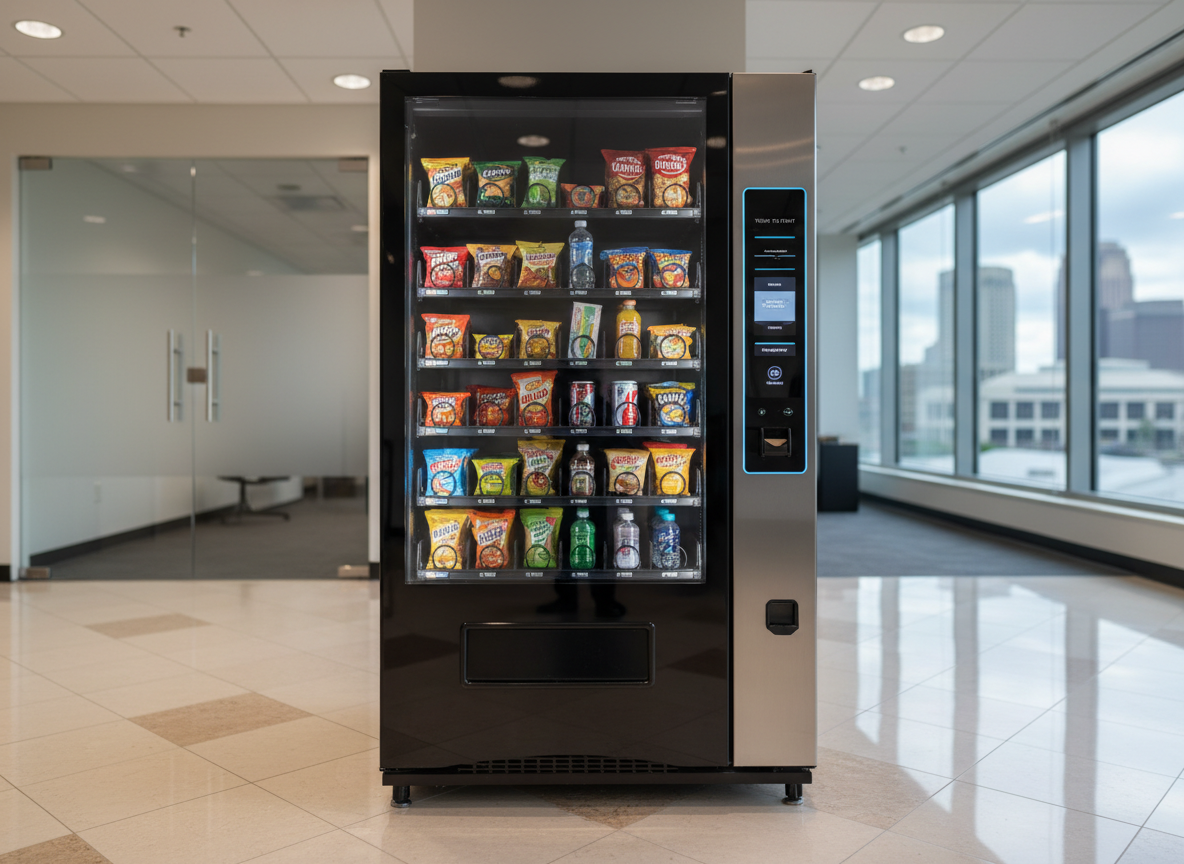 A sleek Micromart AI vending machine with a glossy black and brushed stainless steel exterior stands prominently in a modern corporate lobby in Kansas City, Missouri. The machine’s large, crystal-clear glass front reveals neatly organized snacks and chilled beverages in vivid packaging, with subtle digital interface elements glowing along the side. The polished tile floor reflects its clean lines, while blurred office doors and a city skyline through tall windows create context in the background. Soft, bright overhead lighting and natural daylight combine to create crisp reflections and gentle shadows. Shot at eye level with photographic realism, wide enough to show the environment but with the machine as the central focus, conveying professional, reliable, modern vending made simple.