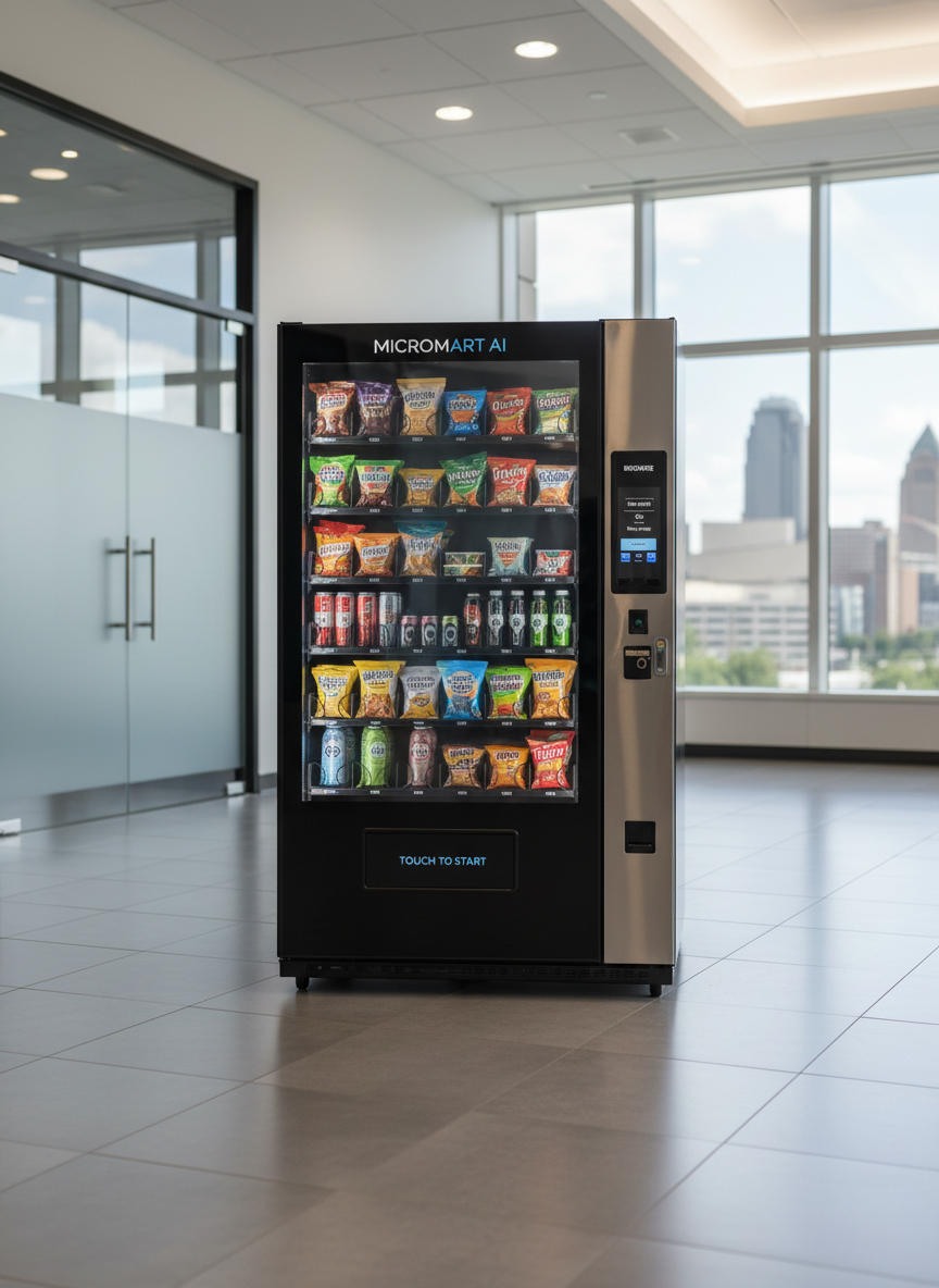 A sleek Micromart AI vending machine with a glossy black and brushed stainless steel exterior stands prominently in a modern corporate lobby in Kansas City, Missouri. The machine’s large, crystal-clear glass front reveals neatly organized snacks and chilled beverages in vivid packaging, with subtle digital interface elements glowing along the side. The polished tile floor reflects its clean lines, while blurred office doors and a city skyline through tall windows create context in the background. Soft, bright overhead lighting and natural daylight combine to create crisp reflections and gentle shadows. Shot at eye level with photographic realism, wide enough to show the environment but with the machine as the central focus, conveying professional, reliable, modern vending made simple.