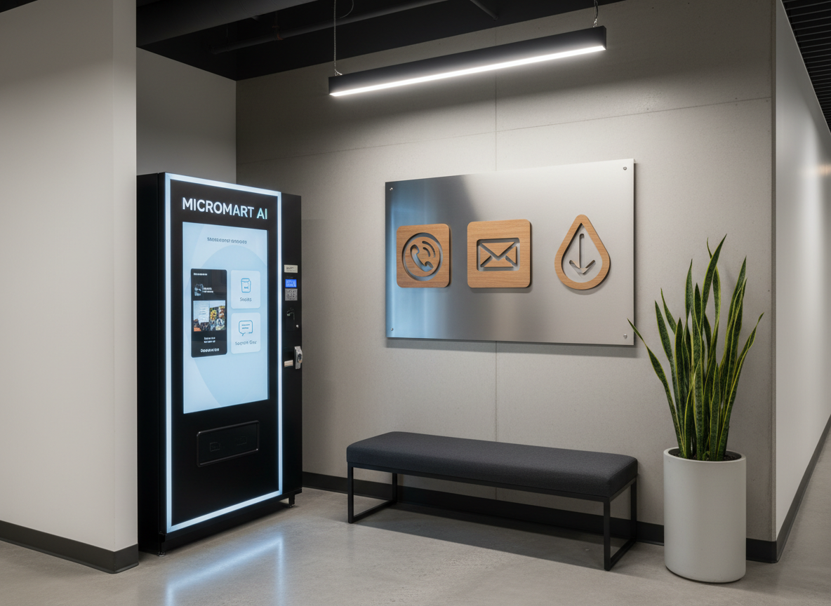 A compact micromarket-style corner labeled conceptually as contact and service information, represented visually by clean icon-like shapes near a Micromart AI vending machine in a Kansas City office lobby. The machine stands beside a minimalist wall panel featuring abstract symbols for phone, email, and location, rendered without readable text. The vending machine’s interface subtly glows, suggesting smart AI features and easy support. Neutral-toned walls, a dark charcoal bench, and a tall plant in a matte white planter surround the scene. Soft, even overhead lighting with a slight highlight on the panel creates a professional, service-oriented mood. Photographic realism, framed using the rule of thirds, emphasizes both the machine and the idea of accessible contact and support.