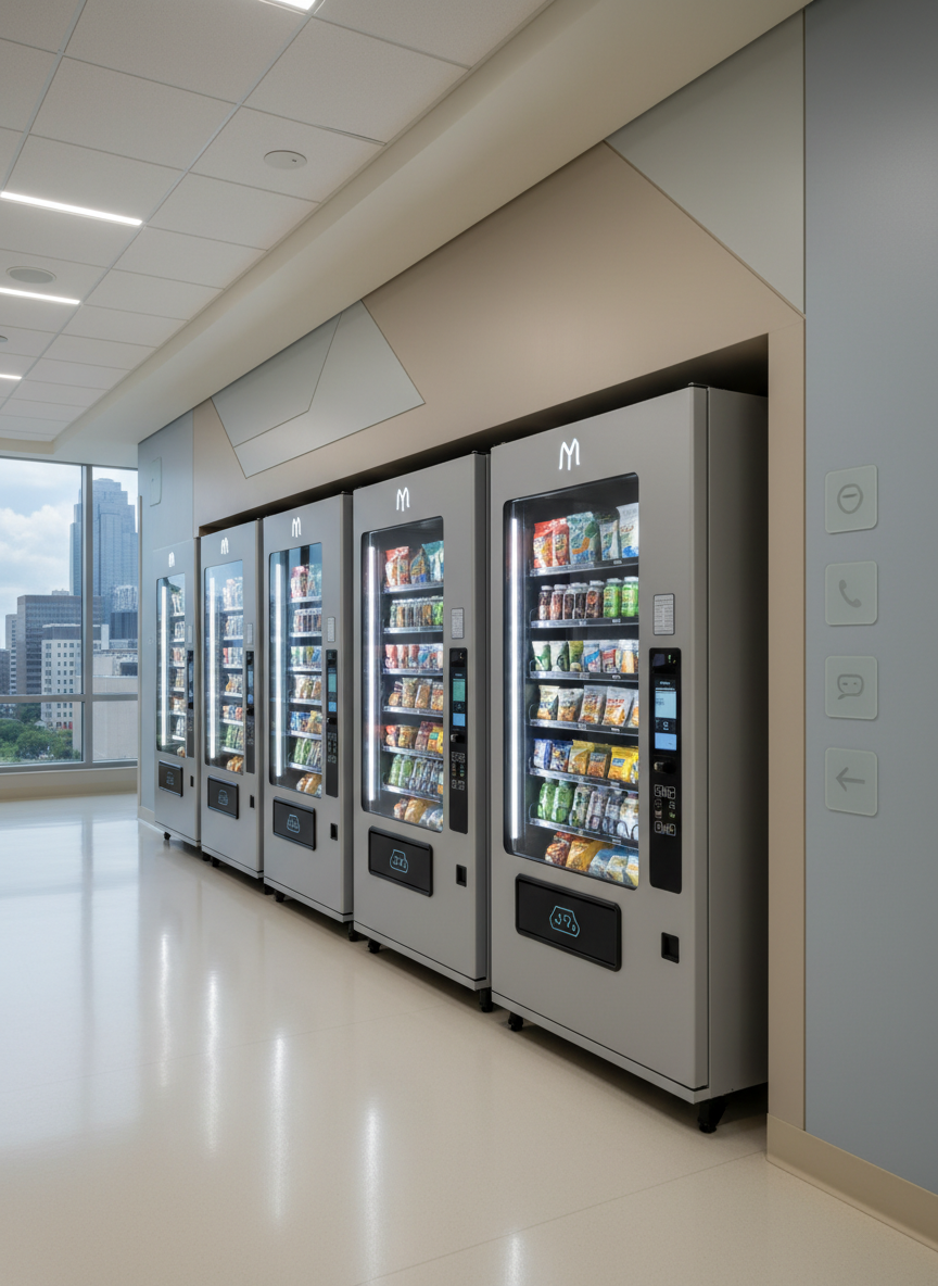 A row of Micromart AI vending machines arranged along a spotless hallway wall in a contemporary healthcare facility near downtown Kansas City, Missouri. Each machine features a minimalist, professional design with illuminated product shelves and a central, touch-style interface panel, implied rather than readable. The floor is smooth, light-toned vinyl and the walls are painted in calming neutrals, with subtle signage shapes suggesting directions and contact information without legible text. Cool, even overhead lighting creates a clean, clinical brightness with soft shadows under the machines. Captured from a slightly elevated angle with sharp focus throughout, the composition emphasizes efficiency, accessibility, and modern, unattended retail technology in a healthcare setting.