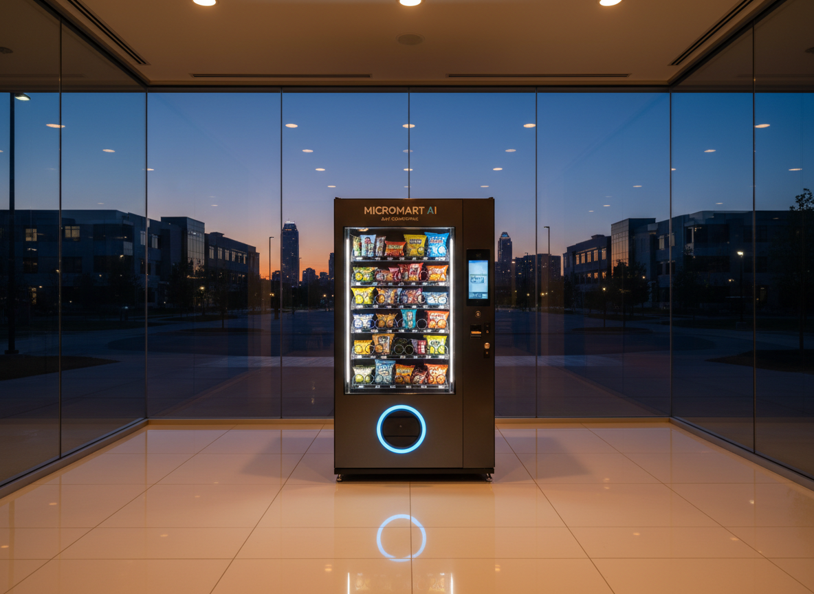 An exterior Kansas City business park entrance at dusk featuring a Micromart AI vending machine positioned just inside a glass-walled lobby. Outside, modern low-rise office buildings and a subtle hint of the Kansas City skyline are visible under a deep blue evening sky. Warm interior lighting spills onto the pavement, illuminating the machine’s glowing interior shelves and softly lit interface. The machine’s dark, modern casing contrasts with the clean, bright lobby tiles and metal-framed glass doors. Captured from outside at a slight low angle, the photographic composition uses reflections, long shadows, and gentle bokeh in background streetlights to convey reliability, 24/7 availability, and contemporary convenience vending.