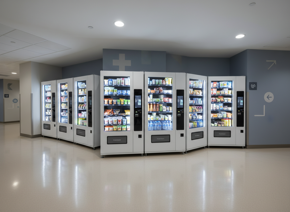 A row of Micromart AI vending machines arranged along a spotless hallway wall in a contemporary healthcare facility near downtown Kansas City, Missouri. Each machine features a minimalist, professional design with illuminated product shelves and a central, touch-style interface panel, implied rather than readable. The floor is smooth, light-toned vinyl and the walls are painted in calming neutrals, with subtle signage shapes suggesting directions and contact information without legible text. Cool, even overhead lighting creates a clean, clinical brightness with soft shadows under the machines. Captured from a slightly elevated angle with sharp focus throughout, the composition emphasizes efficiency, accessibility, and modern, unattended retail technology in a healthcare setting.