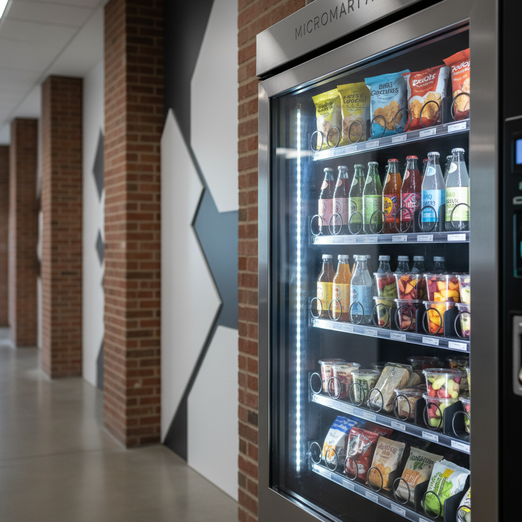 A close-up, detail-focused view of a Micromart AI vending machine’s product window, showcasing perfectly aligned snack items, bottled drinks, and fresh options behind pristine, anti-glare glass. The reflective stainless trim and subtle LED strip lighting along the interior give a polished, high-tech feel. In the softly blurred background, architectural hints of a Kansas City university campus corridor can be seen: brick columns, modern signage shapes, and neutral flooring. The lighting is bright but diffused, creating minimal reflections and crisp product visibility. Photographic realism with a shallow depth of field emphasizes product clarity and machine quality, suggesting easy access and clear choices for students and staff, with an overall professional, trustworthy tone.